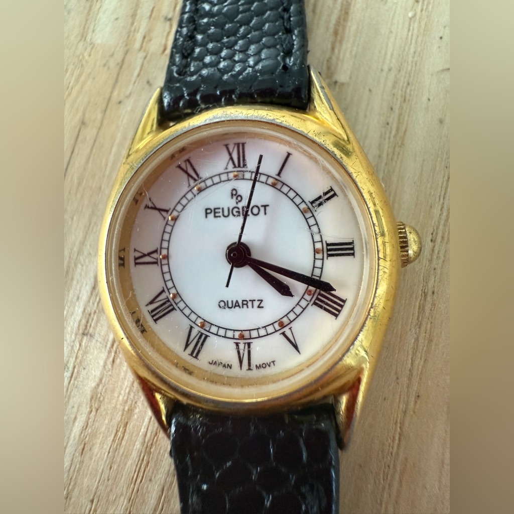 Vintage Peugeot Ladies Gold Tone Black Leather Watch New Battery